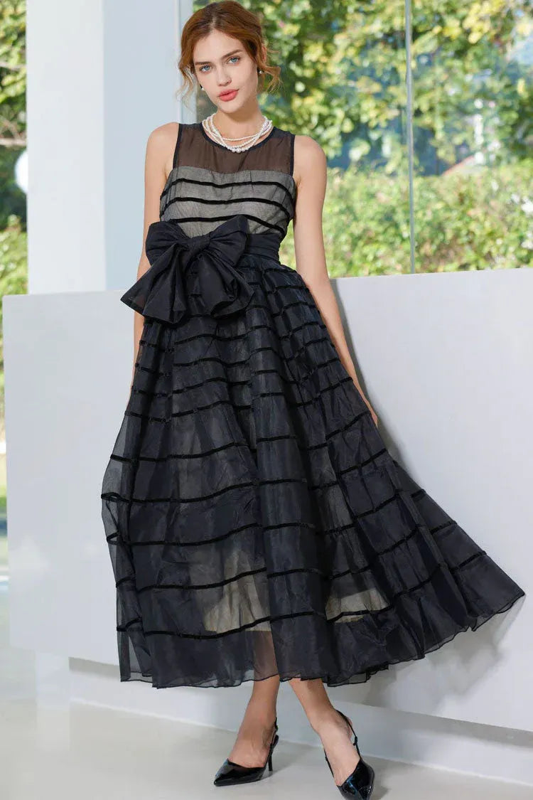 Chic A-Line Crew-Neck Sleeveless Striped Bow-Accent Black Midi Prom Dress for Women Ready to Ship