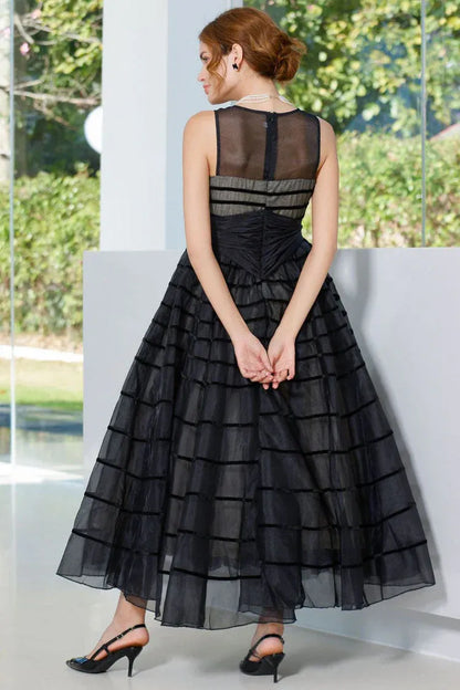 Chic A-Line Crew-Neck Sleeveless Striped Bow-Accent Black Midi Prom Dress for Women Ready to Ship