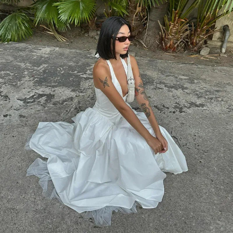Chic A-Line Halter-Neck Deep-V Satin White Midi Evening Dress for Women