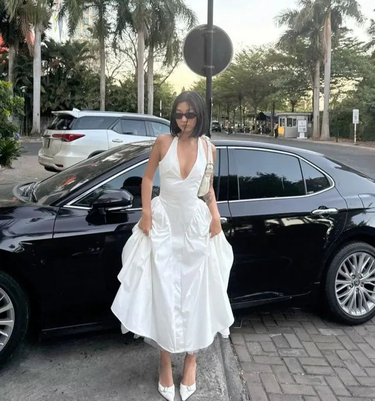 Chic A-Line Halter-Neck Deep-V Satin White Midi Evening Dress for Women