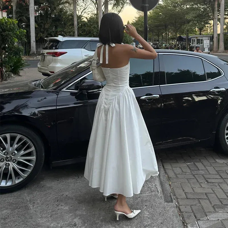 Chic A-Line Halter-Neck Deep-V Satin White Midi Evening Dress for Women