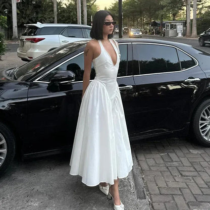 Chic A-Line Halter-Neck Deep-V Satin White Midi Evening Dress for Women