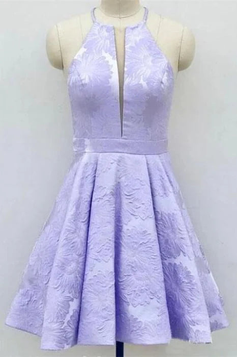 Chic A-Line Halter Jacquard Lavender Short Homecoming Dress