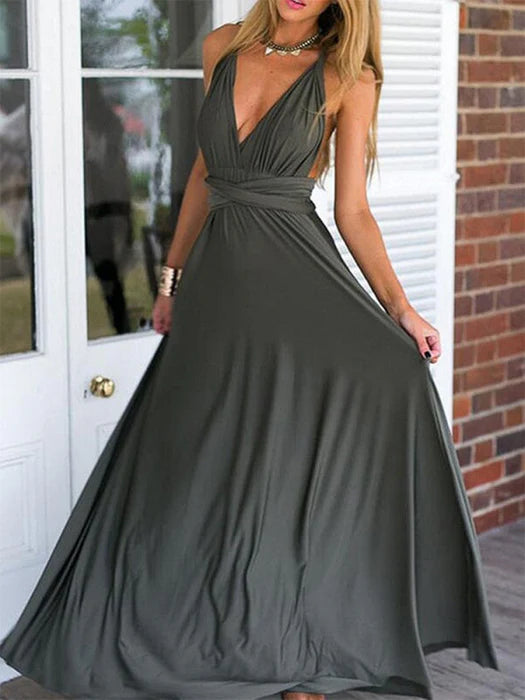 Chic A-Line Halter Neck Backless Grey Floor-Length Prom Dress