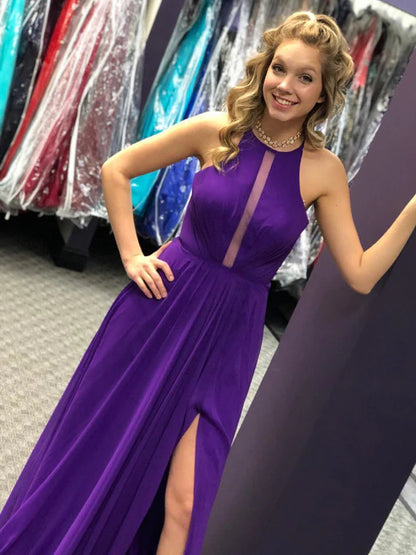 Chic A-Line Halter Sleeveless Chiffon Purple Floor-Length Prom Dress