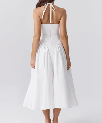 Chic A-Line Halter Sleeveless Pleated White Midi-Length Prom Dress For Women Ready To Ship
