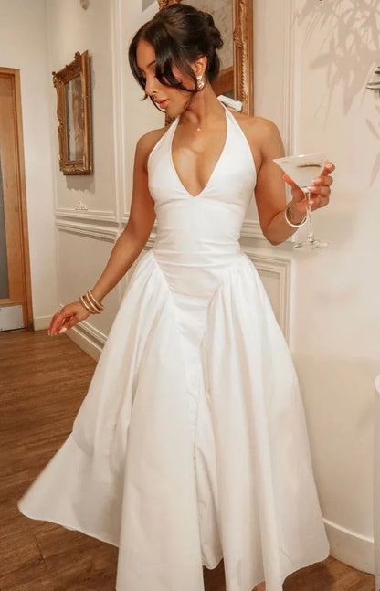 Chic A-Line Halter Sleeveless Pleated White Midi-Length Prom Dress For Women Ready To Ship