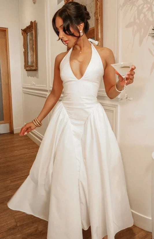 Chic A-Line Halter Sleeveless Pleated White Midi-Length Prom Dress For Women Ready To Ship