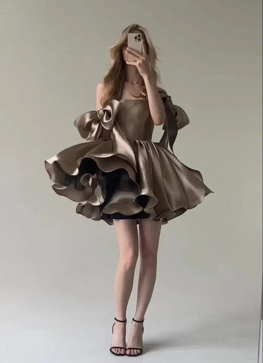 Chic A-Line Off Shoulder Sleeveless Pleated Satin Short-Mini Homecoming Dress