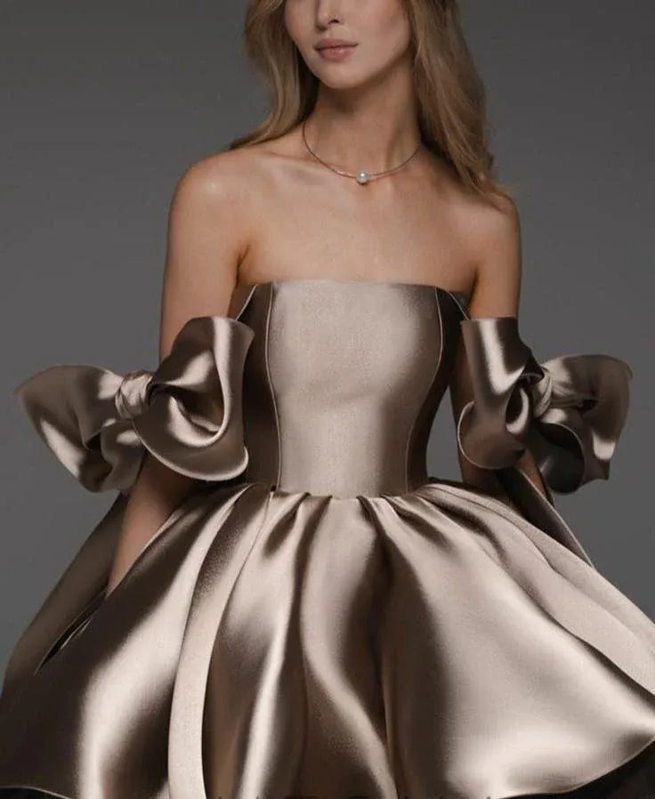 Chic A-Line Off Shoulder Sleeveless Pleated Satin Short-Mini Homecoming Dress