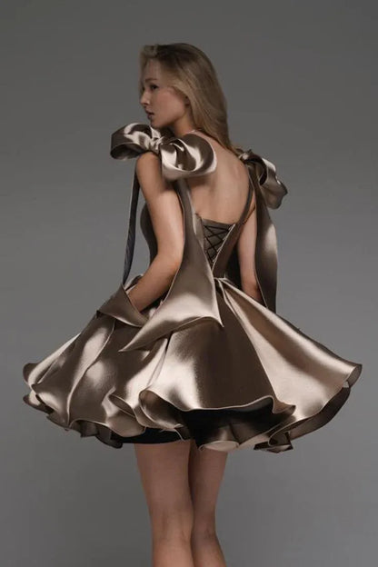 Chic A-Line Off Shoulder Sleeveless Pleated Satin Short-Mini Homecoming Dress