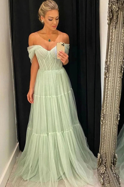 Chic A-Line Off the Shoulder Dropped Shoulder Sleeves Lace Up Floor-Length Prom Dress