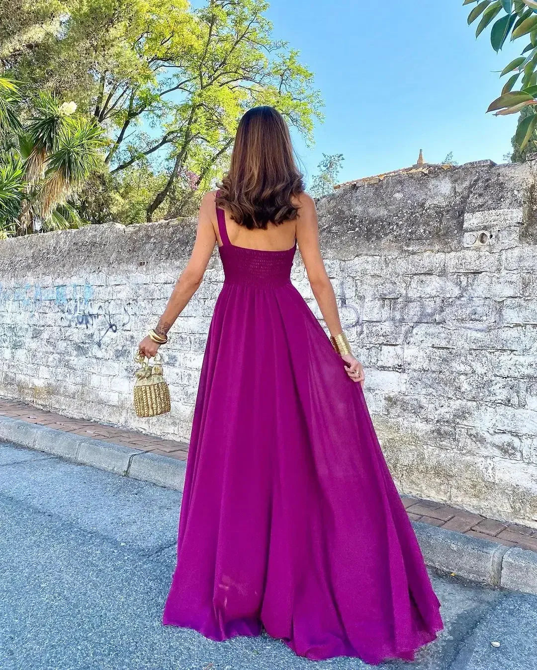 Chic A-Line One-Shoulder Ruched Chiffon Magenta Maxi Evening Dress for Women