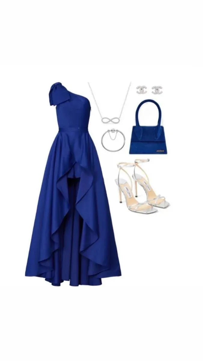 Chic A-Line One-Shoulder Sleeveless Ruffled-Satin Royal Blue High-Low Evening Dress for Women