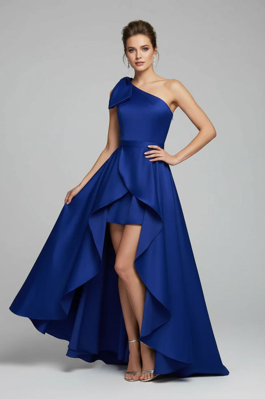 Chic A-Line One-Shoulder Sleeveless Ruffled-Satin Royal Blue High-Low Evening Dress for Women