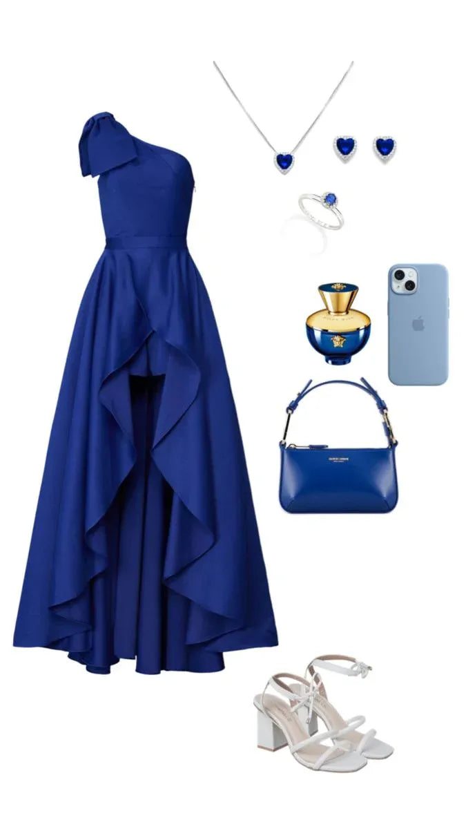 Chic A-Line One-Shoulder Sleeveless Ruffled-Satin Royal Blue High-Low Evening Dress for Women