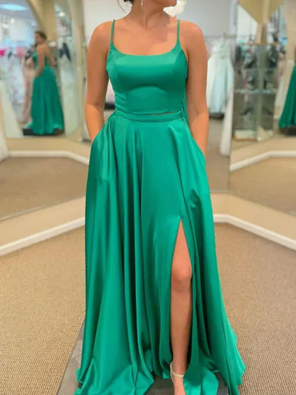 Stylish A-Line Spaghetti Strap Satin Emerald Green Floor-Length Prom Dress With Pockets
