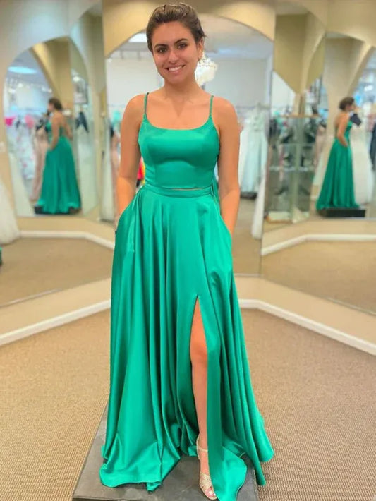 Chic Two-Piece Spaghetti-Strap Satin Emerald Green Floor-Length Prom Dress With Pocket