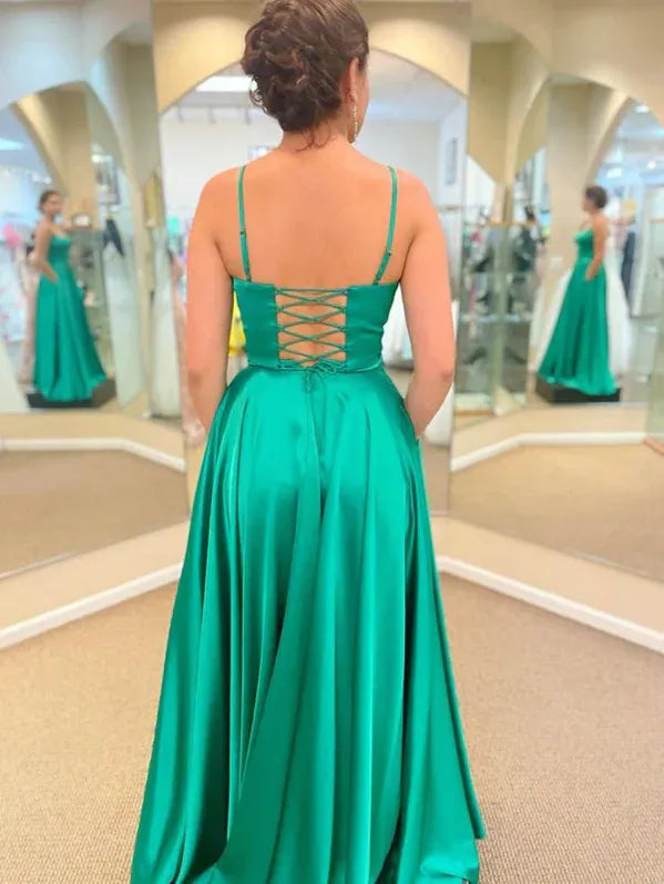 Stylish A-Line Spaghetti Strap Satin Emerald Green Floor-Length Prom Dress With Pockets