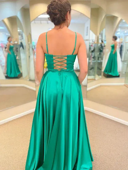 Stylish A-Line Spaghetti Strap Satin Emerald Green Floor-Length Prom Dress With Pockets