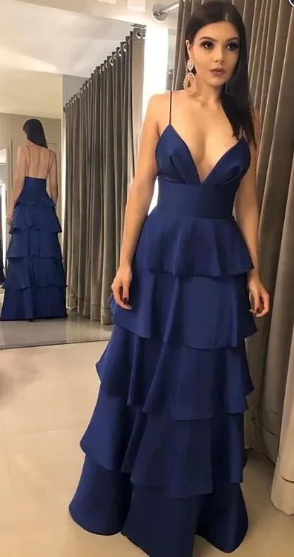 Chic A-line V-neck Sleeveless Tiered Royal Blue Maxi Prom Dress for Women Ready to Ship