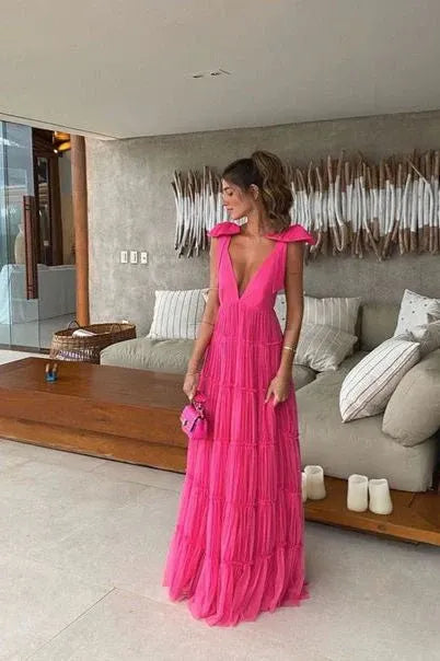 Chic A line V Neck Sleeveless Tulle Backless Sweep/Brush Train Prom Dress