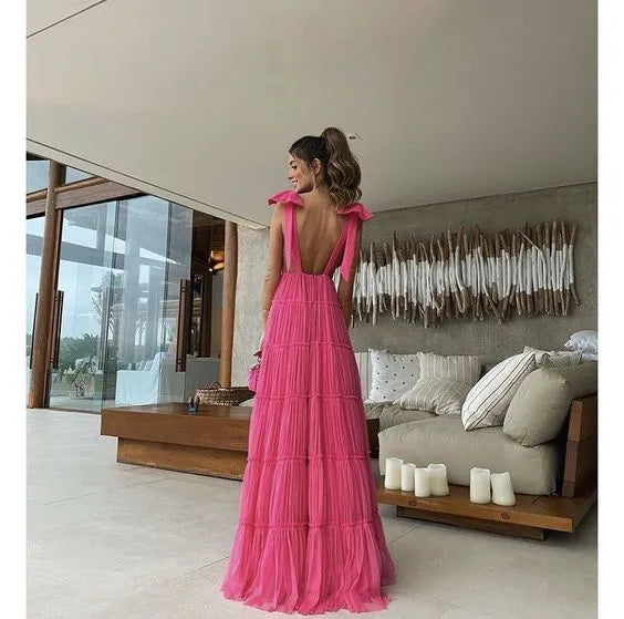 Chic A line V Neck Sleeveless Tulle Backless Sweep/Brush Train Prom Dress