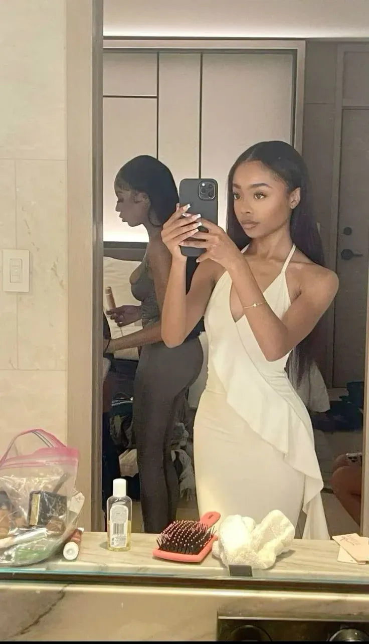 Chic Bodycon Halter Ruffle Detail Sleeveless Satin Midi Cocktail Dress