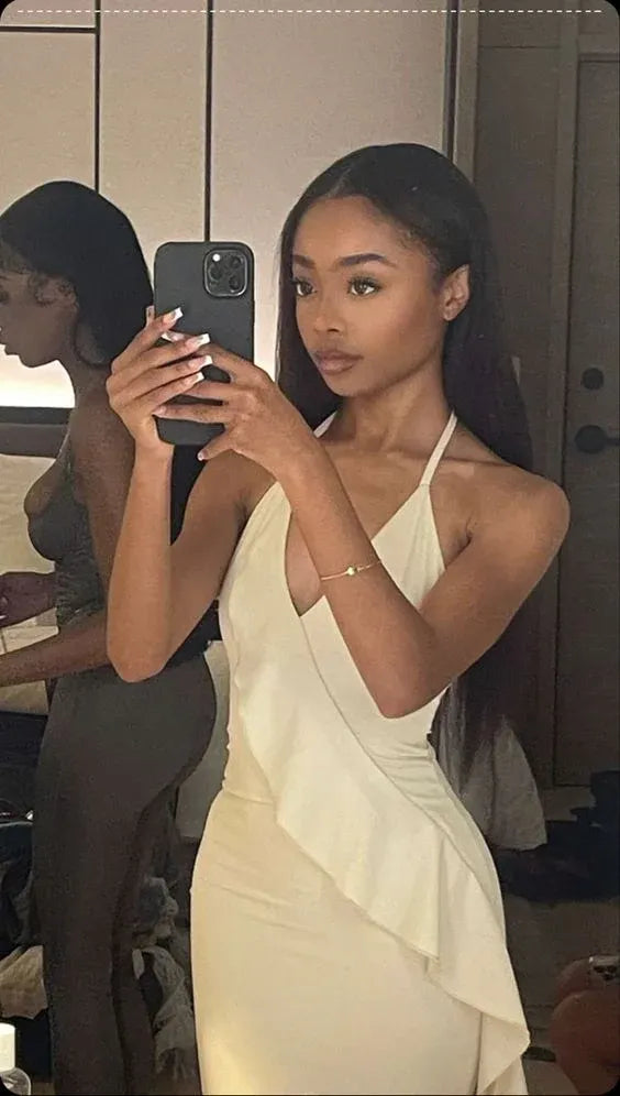 Chic Bodycon Halter Ruffle Detail Sleeveless Satin Midi Cocktail Dress