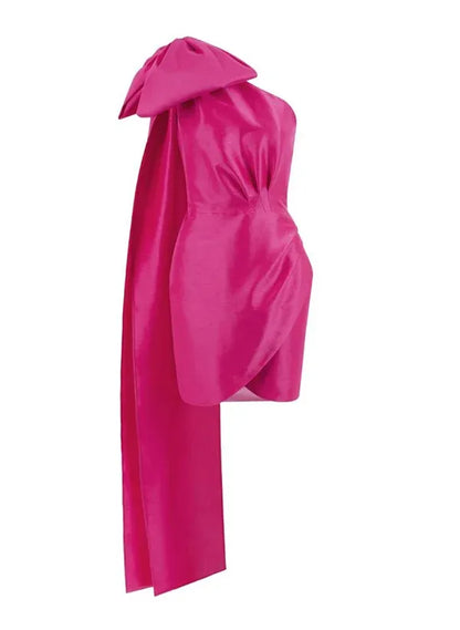 Chic Bodycon One-Shoulder Bow Taffeta Hot Pink Mini Homecoming Dress With Streamer