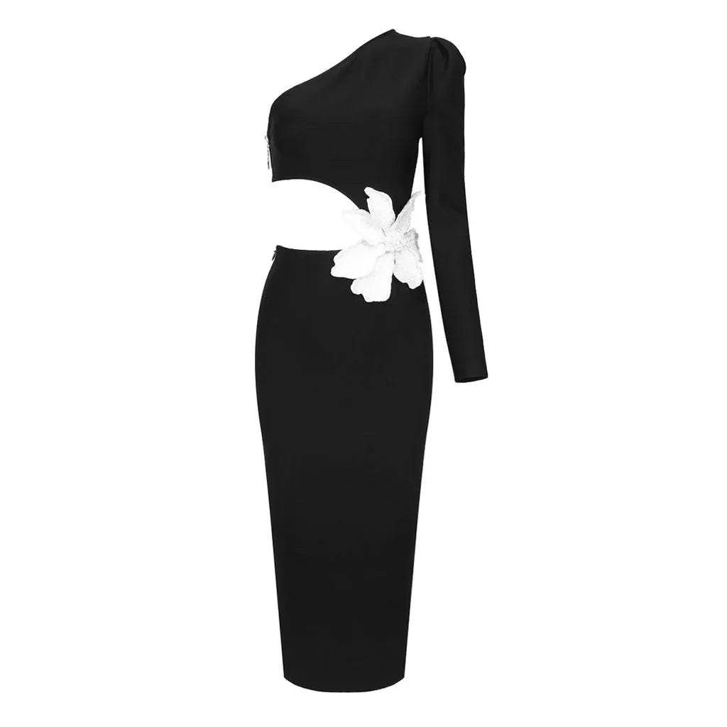 Chic Bodycon One-Shoulder Cutout Flower-Accented Black Midi Prom Dress for Women ready to ship