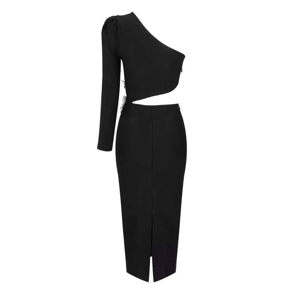 Chic Bodycon One-Shoulder Cutout Flower-Accented Black Midi Prom Dress for Women ready to ship