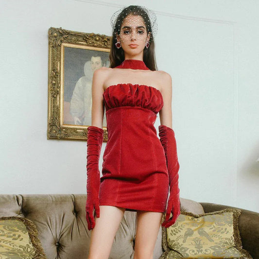 Chic Bodycon Reverse Halter Neck Ruched Red Mini Homecoming Dress No Gloves