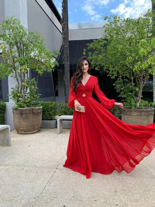 Chic Chiffon Maxi Evening Dress Red Deep V Long-Sleeve for Women