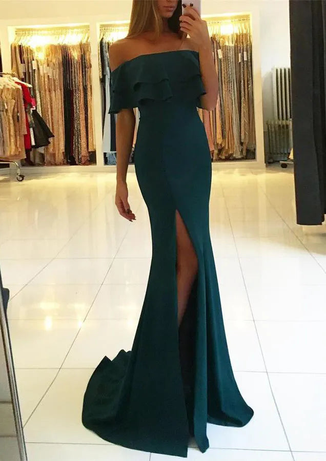 Chic Crepe Long Evening Dress Emerald Off-Shoulder Ruffled Party Gown for Women