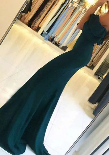 Chic Crepe Long Evening Dress Emerald Off-Shoulder Ruffled Party Gown for Women
