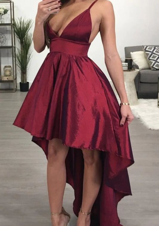 Chic Fit-and-Flare Deep V-Neck Sleeveless Satin Burgundy High-Low Evening Dress For Women