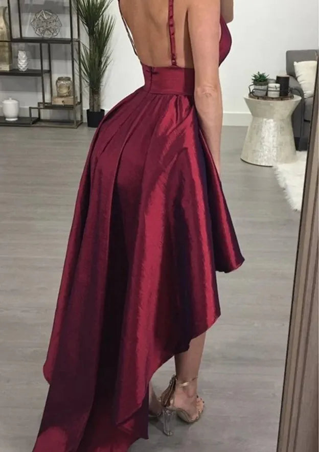 Chic Fit-and-Flare Deep V-Neck Sleeveless Satin Burgundy High-Low Evening Dress For Women