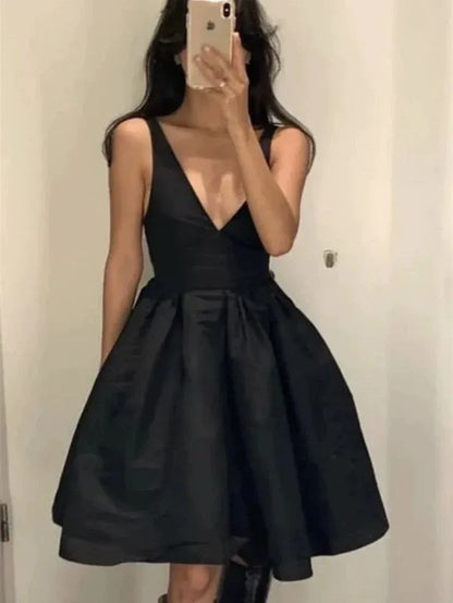 Chic Fit-and-Flare Spaghetti-Strap Deep-V Satin Black Midi Evening Dress for Women