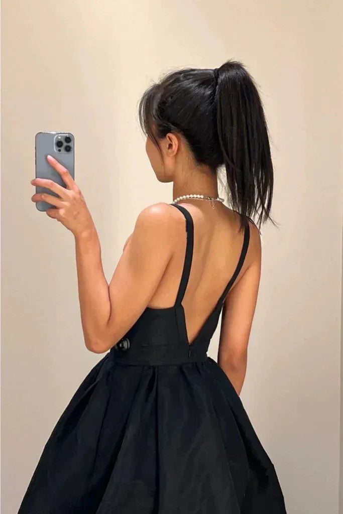 Chic Fit-and-Flare Spaghetti-Strap Deep-V Satin Black Midi Evening Dress for Women
