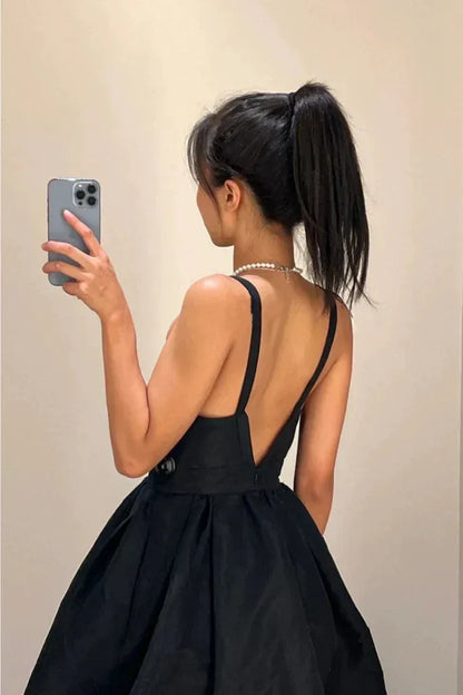 Chic Fit-and-Flare Spaghetti-Strap Deep-V Satin Black Midi Evening Dress for Women