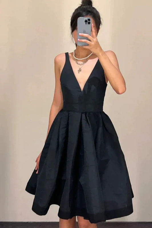 Chic Fit-and-Flare Spaghetti-Strap Deep-V Satin Black Midi Evening Dress for Women