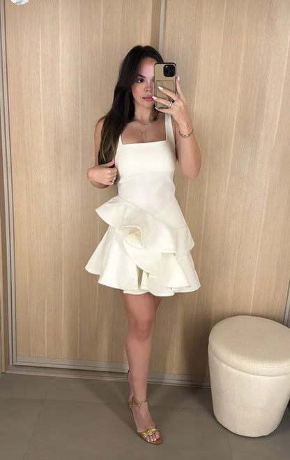Chic Fit-and-Flare Square-Neck Sleeveless Ruffled Satin White Mini Prom Dress for Women