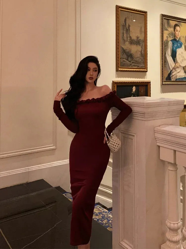 Chic Fitted Off-the-Shoulder Long-Sleeve Ruffled Burgundy Midi Prom Dress for Women Hot Sale