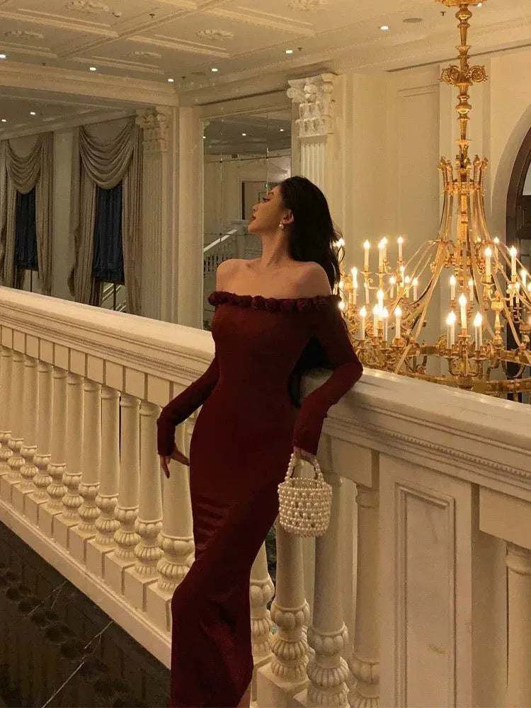 Chic Fitted Off-the-Shoulder Long-Sleeve Ruffled Burgundy Midi Prom Dress for Women Hot Sale