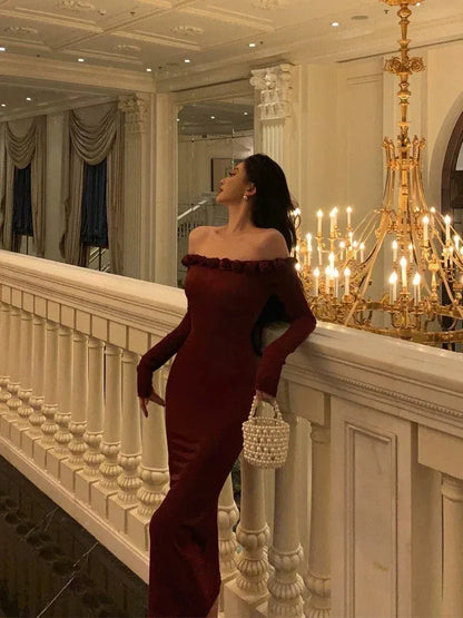 Chic Fitted Off-the-Shoulder Long-Sleeve Ruffled Burgundy Midi Prom Dress for Women Hot Sale