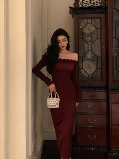 Chic Fitted Off-the-Shoulder Long-Sleeve Ruffled Burgundy Midi Prom Dress for Women Hot Sale