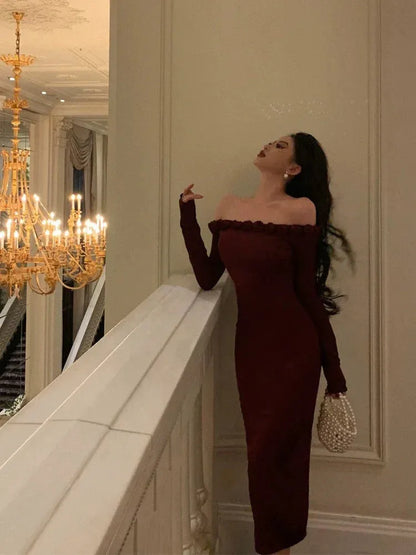 Chic Fitted Off-the-Shoulder Long-Sleeve Ruffled Burgundy Midi Prom Dress for Women Hot Sale