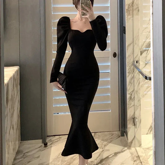 Chic Knit Midi Evening Dress Black Sweetheart Square-Neck Puff-Long Sleeve Formal Women
