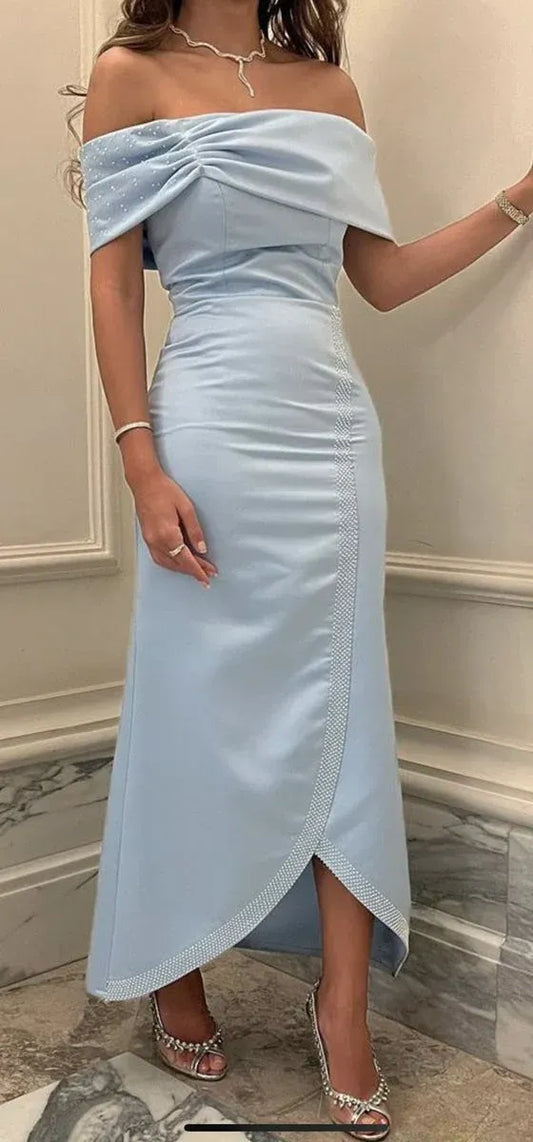 Chic Mermaid Off-Shoulder Short-Sleeve Embellished Satin Sky Blue Maxi Evening Dress